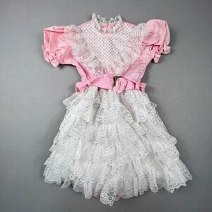 Merry Girl Party Dress Kids Size 8 Pink White Lace Ruffle Vintage 80s Pageant